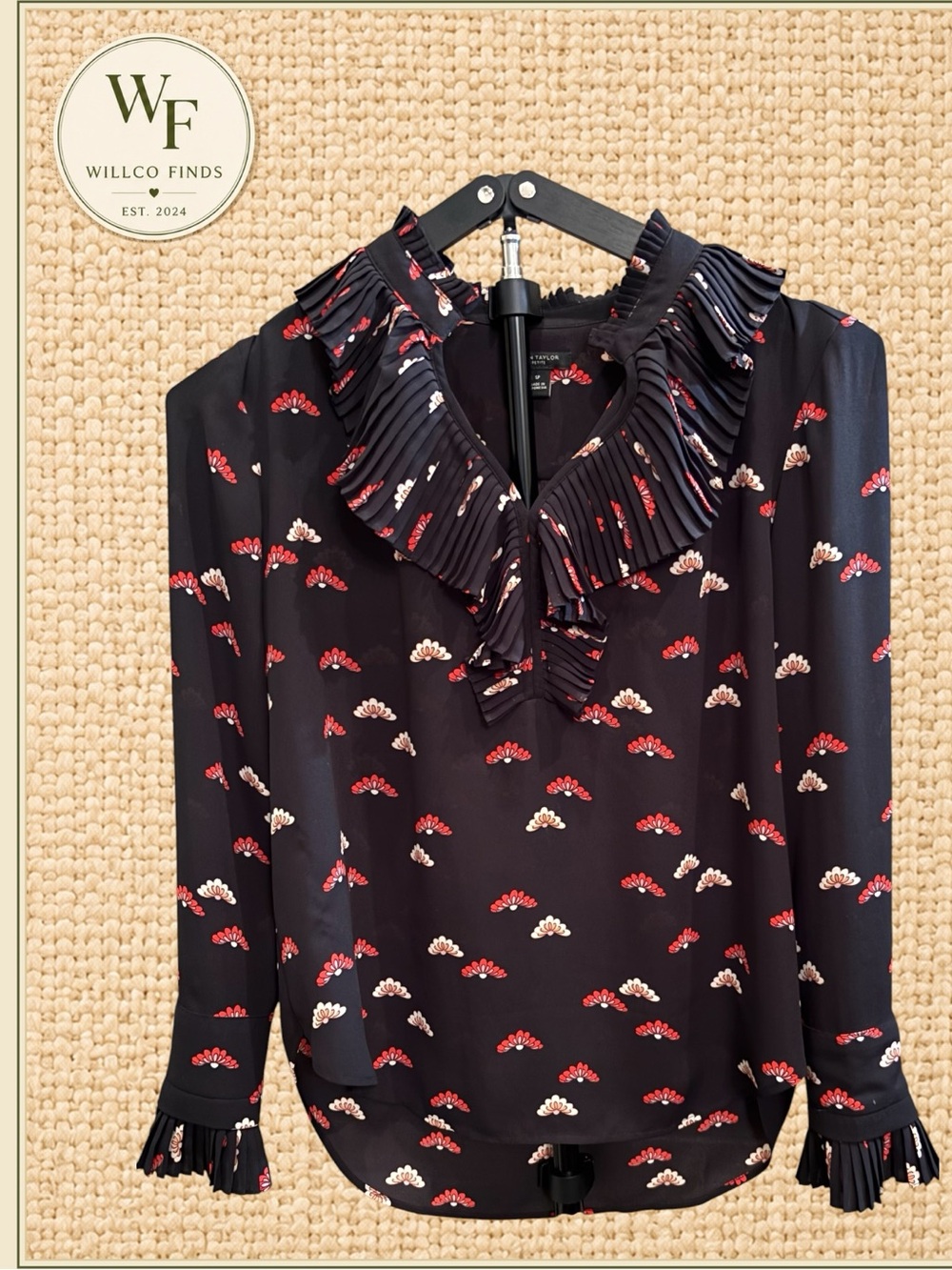 Ann Taylor Black Blouse with Red & Cream Fan Print with Pleated Ruffle Collar SM
